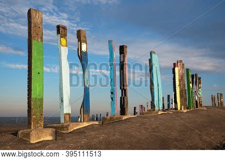 Bottrop, Germany - December 31, 2020: Totems On Haniel Tip, Landmark Of Ruhr Metropolis Against Rain