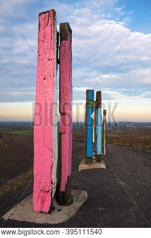 Bottrop, Germany - December 31, 2020: Totems On Haniel Tip, Landmark Of Ruhr Metropolis Against Rain
