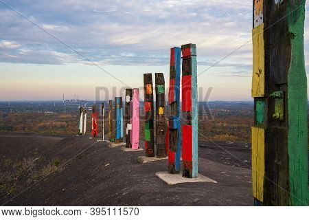 Bottrop, Germany - December 31, 2020: Totems On Haniel Tip, Landmark Of Ruhr Metropolis Against Rain