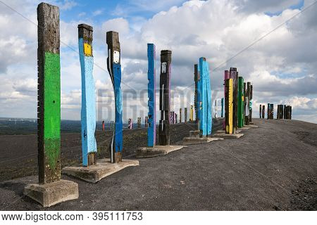 Bottrop, Germany - December 31, 2020: Totems On Haniel Tip, Landmark Of Ruhr Metropolis Against Rain