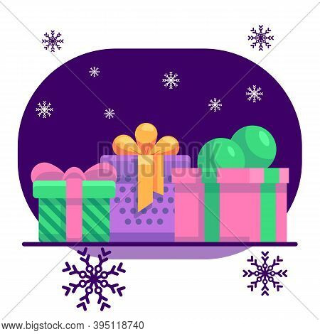 Christmas Gift Set On White Isolated Backdrop. Christmas Holiday Postcard For Invitation Or Gift Car