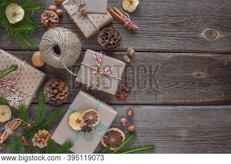 Christmas Wooden Background With Natural Products For Decorating Gifts . Zero Waste. Happy New Year.