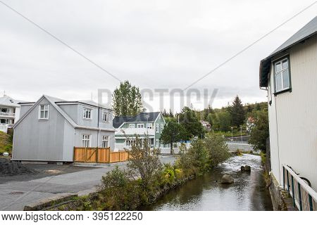 Old Buildings And River In The Center Of Town Of Hafnarfjordur In Iceland