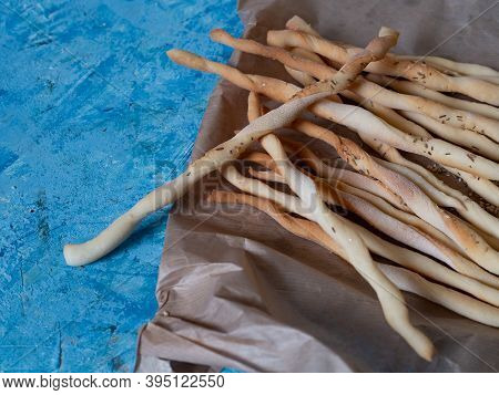Italian Cuisine. Traditional Italian Gresini Bread Sticks With Sesame Seeds. Delicious Bread Appetiz
