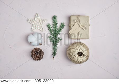 Zero Waste. Natural Material. Christmas Background. Preparing For The New Year. Lat Lay