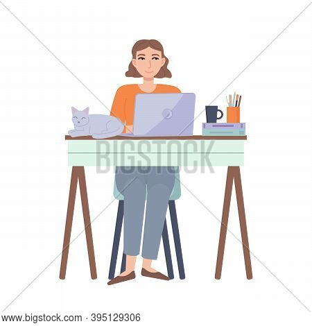 Girl Workng At Home. Distance Learning. Home Office, Freelance, Lockdown, Remote Work, Online Educat