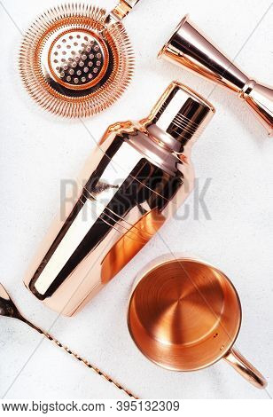Copper Bar Tools And Accessories For Making Cocktail. Shaker, Jigger, Strainer, Spoon, Tongs, Muddle