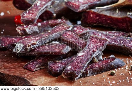 Sliced Smoked Sausage With Garlic And Pepper, Selective Focus
