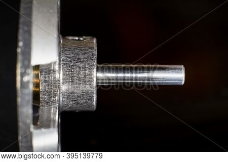 Brushless (bldc) Outrunner Motor Shaft For Aircraft Model Close-up On A Black Background. Copyspace.