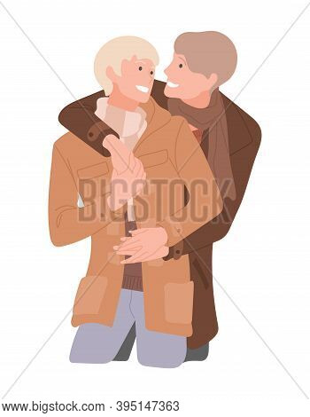 Same-sex Couple On A Date In Cold Weather. Gentle Hugs Of Men In Love In Coat. Homosexuals Enjoy Rom