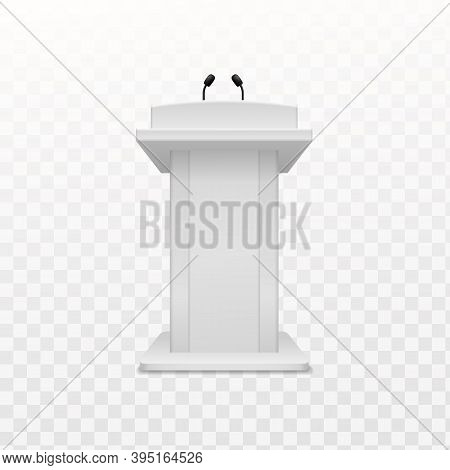 Debate Speaker Podium. Realistic Tribune White Stand With Microphone Front View, Pedestal For Lectur