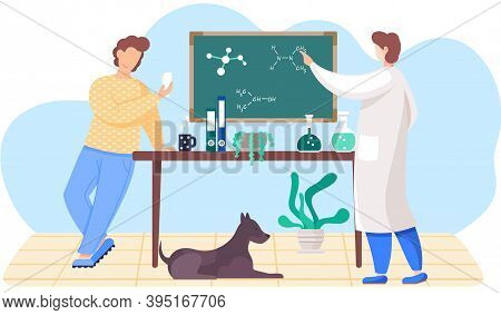 Chemistry Lesson In The Apartment. Scientist Explains Formulas On A Blackboard. The Guy Stands With 