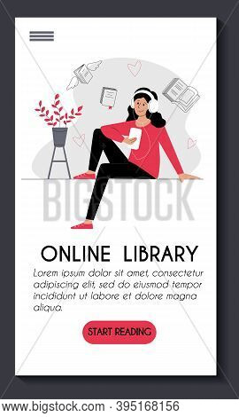 Mobile App Template. Online Library E Learning. Young Cute Woman In Headphones With A Smartphone Lis