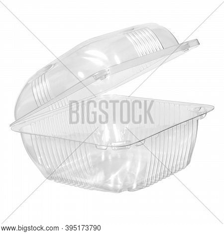 Reusable Plastic Transparent Box For Takeaway, Picnic Or Store Food Isolated On White
