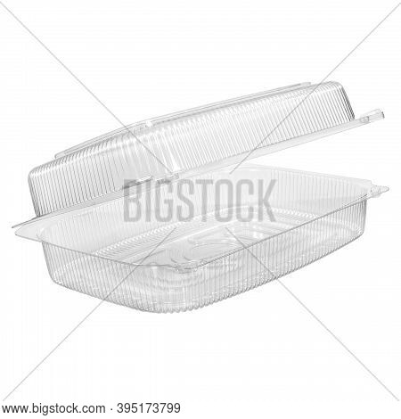 Reusable Plastic Transparent Box For Takeaway, Picnic Or Store Food Isolated On White