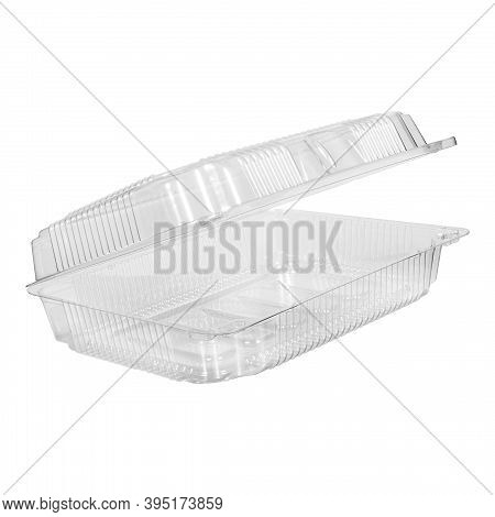 Reusable Plastic Transparent Box For Takeaway, Picnic Or Store Food Isolated On White