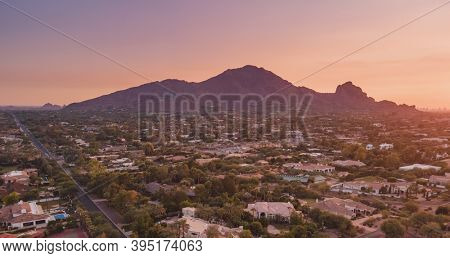Scottsdale, Arizona view of Camelback Mountain at sunset.