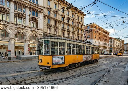 Milano, Italy - oct 16, 2020: Milano, Italy - oct 16, 2020: Yellow trams in the streets  Milano, Italy