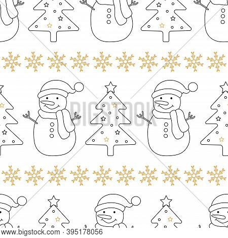 Christmas Seamless Pattern. Background With Christmas Tree, Snowman And Snowflakes . Vector Illustra