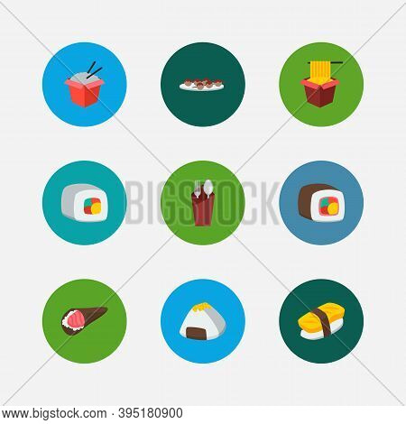 Nutrition Icons Set. Onigiri And Nutrition Icons With Japanese Cuisine, Hawker And Sake Nigiri. Set 