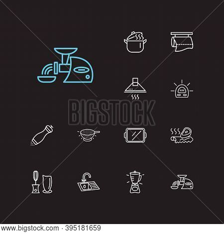 Utensil Icons Set. Blender And Utensil Icons With Tin Foil, Pepper Mill And Tray. Set Of Scroll For 