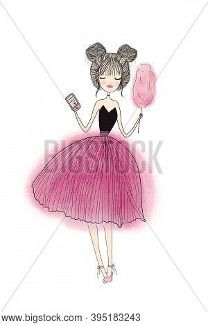 Hand Drawn Little Girl In Fluffy Skirt And In High-heeled Shoes. Beautiful Girl, Woman. Cute Little 