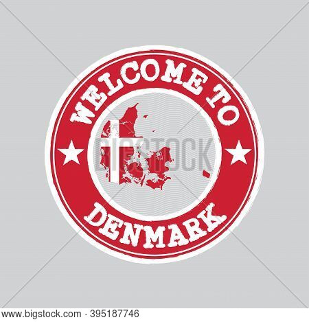 Vector Stamp Of Welcome To Denmark With Map Outline Of The Nation In Center. Grunge Rubber Texture S