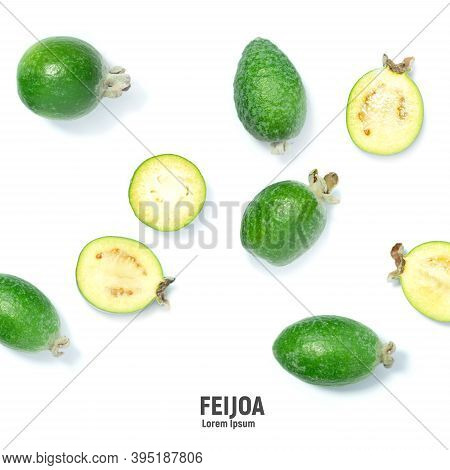 Feijoa Fruits On White Background. Tropical Ripe Feijoa Fruits.
