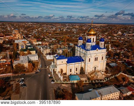 Aerial View From Drone Of Ascension Cathedral In Autumn Yelets, Lipetsk Region, Russia
