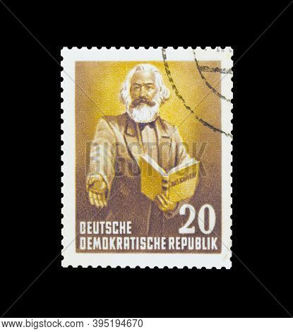 Cancelled Postage Stamp Printed By East Germany, That Shows Portrait Of German Philosopher, Sociolog