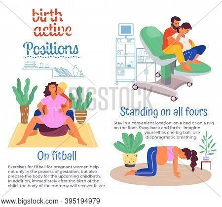 Position Of Pregnant Woman, Reproduction Set. Females With Belly Giving Birth On All Floors, Fitball