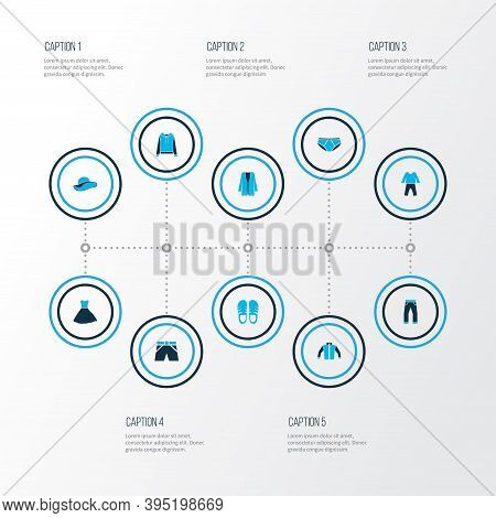 Dress Icons Colored Set With Shorts, Pants, Jacket And Other Hatband Elements. Isolated Vector Illus
