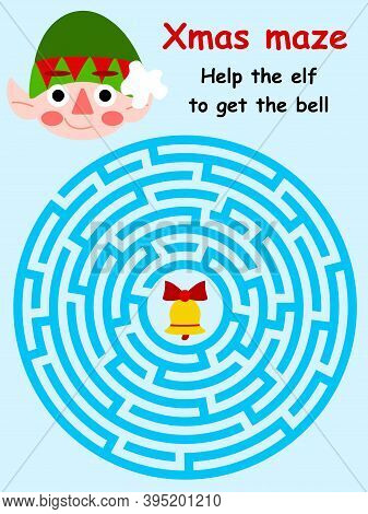 Help The Elf To Get The Bell Labyrinth Game For Kids Vector. Educational Maze Game With Elg Boy And 