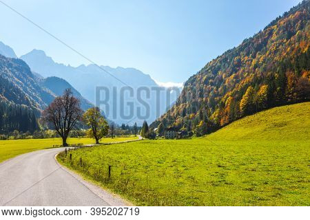 Asphalt road among yellow, green, orange and red autumn trees. Magnificent golden autumn in the mountains. Eastern Europe, Kamensko - Savinsky Alps, Logarska Valley, Slovenia. 