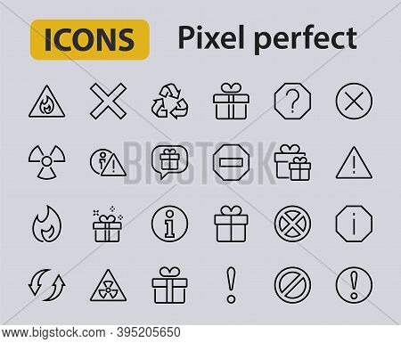 Warnings Simple Set Of Thin Line Vector Icons. Contains Icons Such As Warning, Exclamation Mark, Reu