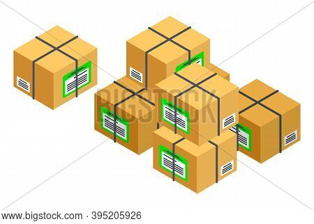 Cardboard Packing Boxes And Inscriptions, Addresses Or Trade Information. Pile Of Mail Parcels. Post