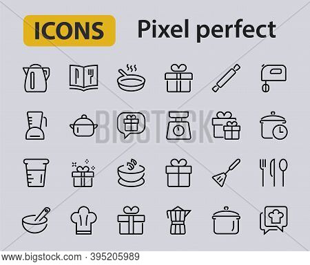 Set Of Icons For Cooking And Kitchen, Vector Lines, Contains Icons Such As A Knife, Saucepan, Boilin