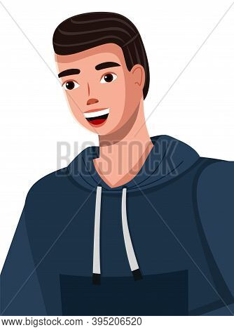Cartoon Illustration Of A Handsome Young Man With Broad Smile Wearing Blue Hoodie. Dark-haired Smili