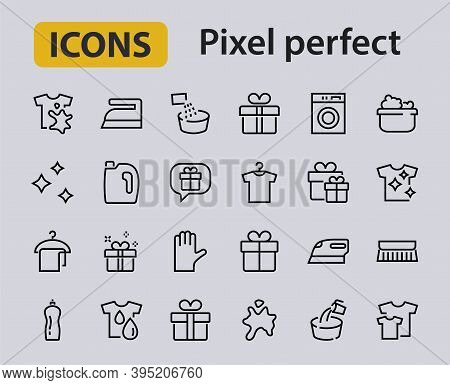 Simple Set Of Washing Related Vector Line Icons. Contains Icons Such As Washing Machine, Powder, Lau