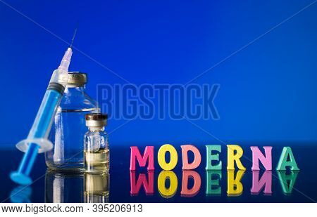 Maski, India 17, November 2020 : Concept Showing Of Moderna Vaccine In Alphabets To Protect Against 