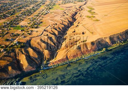 Panoramic drone view of an incised meander of the river. Aerial photography. Location place Grand canyon Stanislav, Dnieper Bay of Ukraine, Europe. Art photo wallpaper. Discover the beauty of earth.