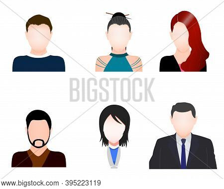Set Of Avatars Faces With Hair. Flat Gray Icons Of Male And Female For Web And Mobile. Default Place