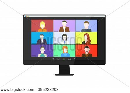 Video Conference On The Tablet Screen. Beautiful Avatars For Profiles. Illustrations Flat Design Con
