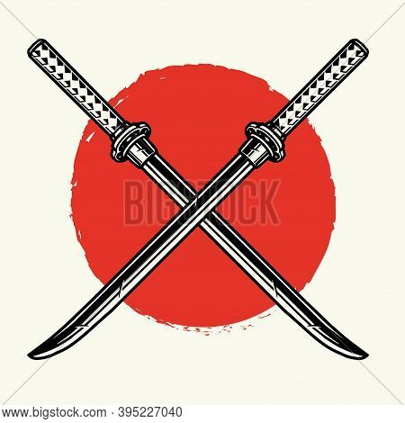 Vintage Crossed Samurai Katanas Template In Monochrome Style On Red Sun Background Isolated Vector I