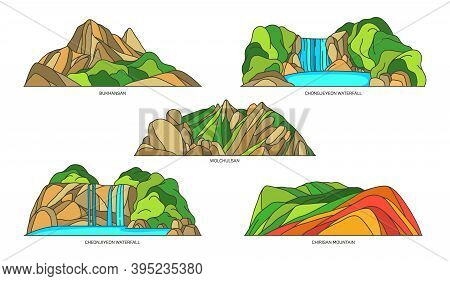 South Korea Landmark Icons, Korean Landscapes Set