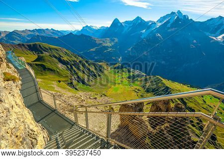 Crystal Floor Suspended Of Thrill Walk On Schilthorn, Canton Of Bern. Spectacular Landscape With Sno