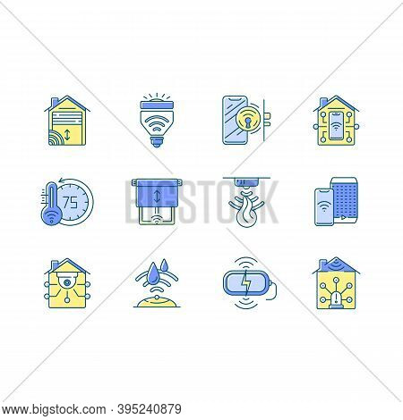 Smart House Rgb Color Icons Set. Innovatonal Window Blinds Sensor. Remote Controlled Light Bulbs. Ga