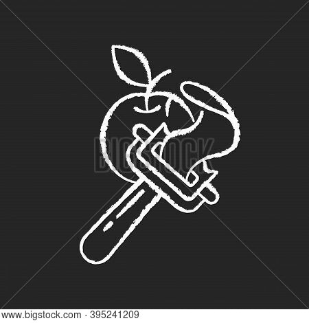 Vegetable Peeler Chalk White Icon On Black Background. Stainless Instrument For Serving Food. Cookin