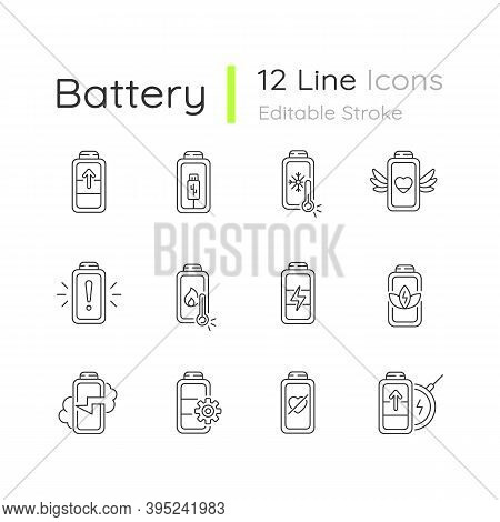 Battery Status Linear Icons Set. Innovational Charging Process. Using Cables For Getting Electricity