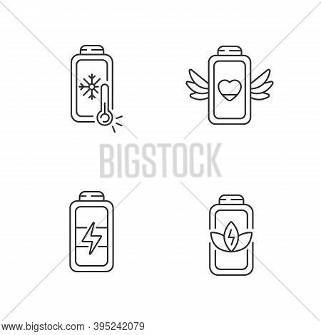 Different Battery Modes Linear Icons Set. Low Temperature Troubles. Percentage Saving Function. Cust